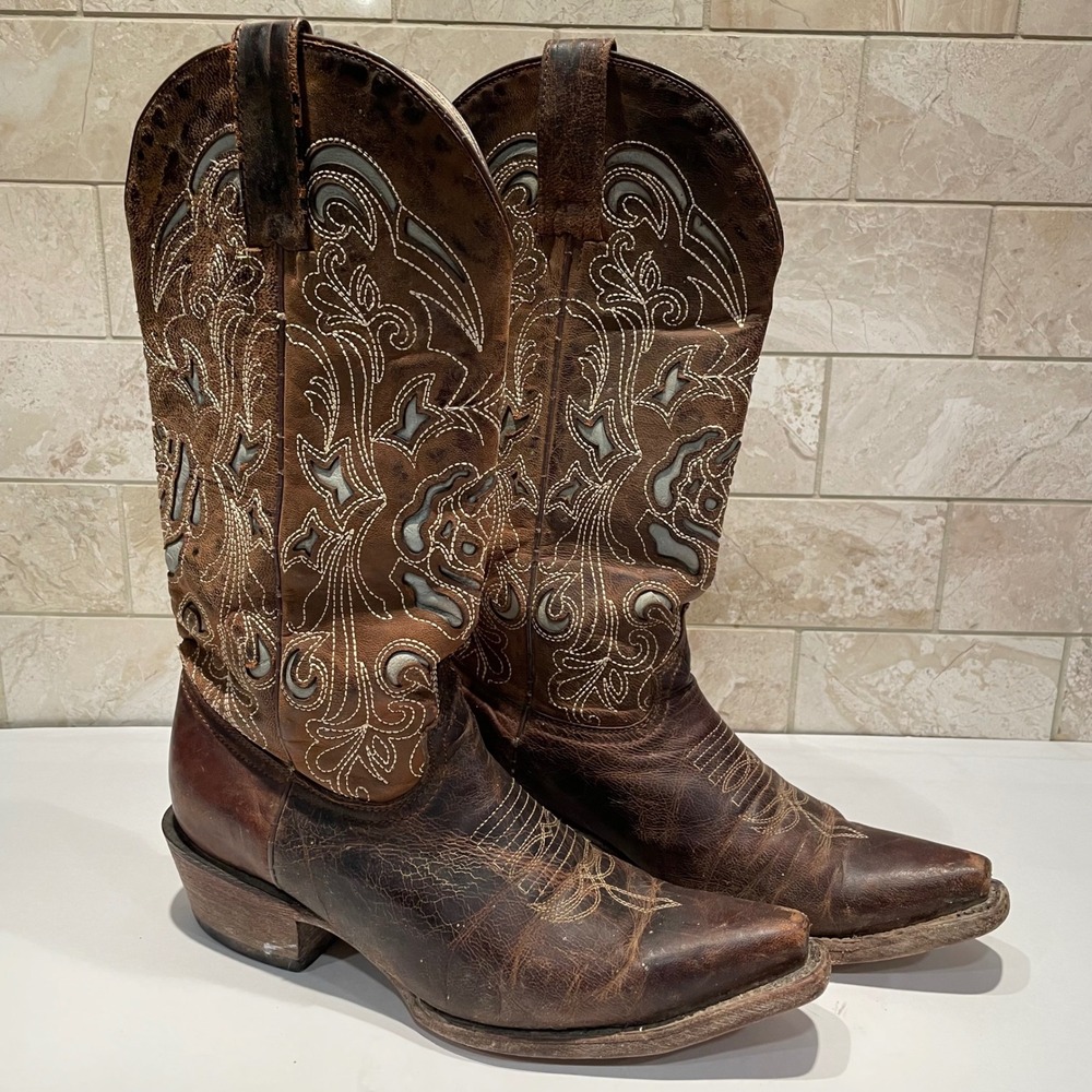 Arango Mens Brown Leather Cowboy Boots Western Stitching Square Toe‎ Size 6 1/2